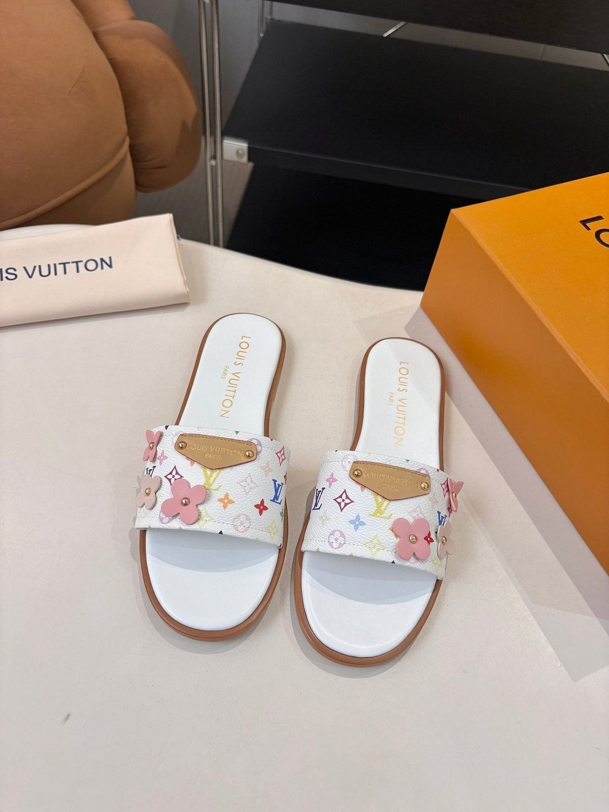 Louis Vuitton Floral Print Slide Sandals — front