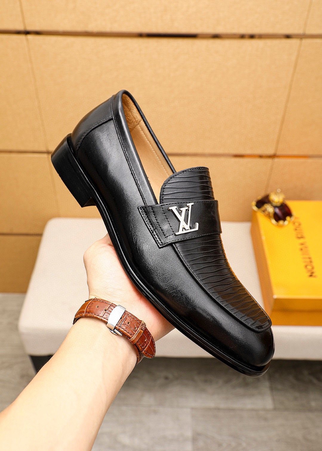 Louis Vuitton Black Textured Loafers — model