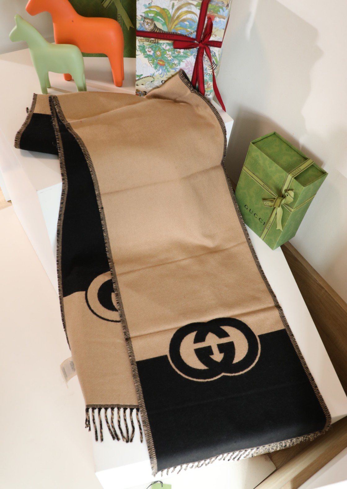 Gucci Beige and Black Fringed Scarf — front