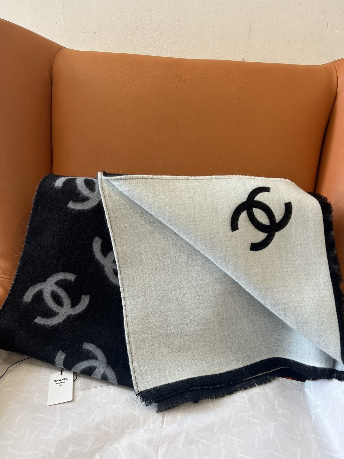 Chanel Reversible Black & Ivory Motif Shawl — side