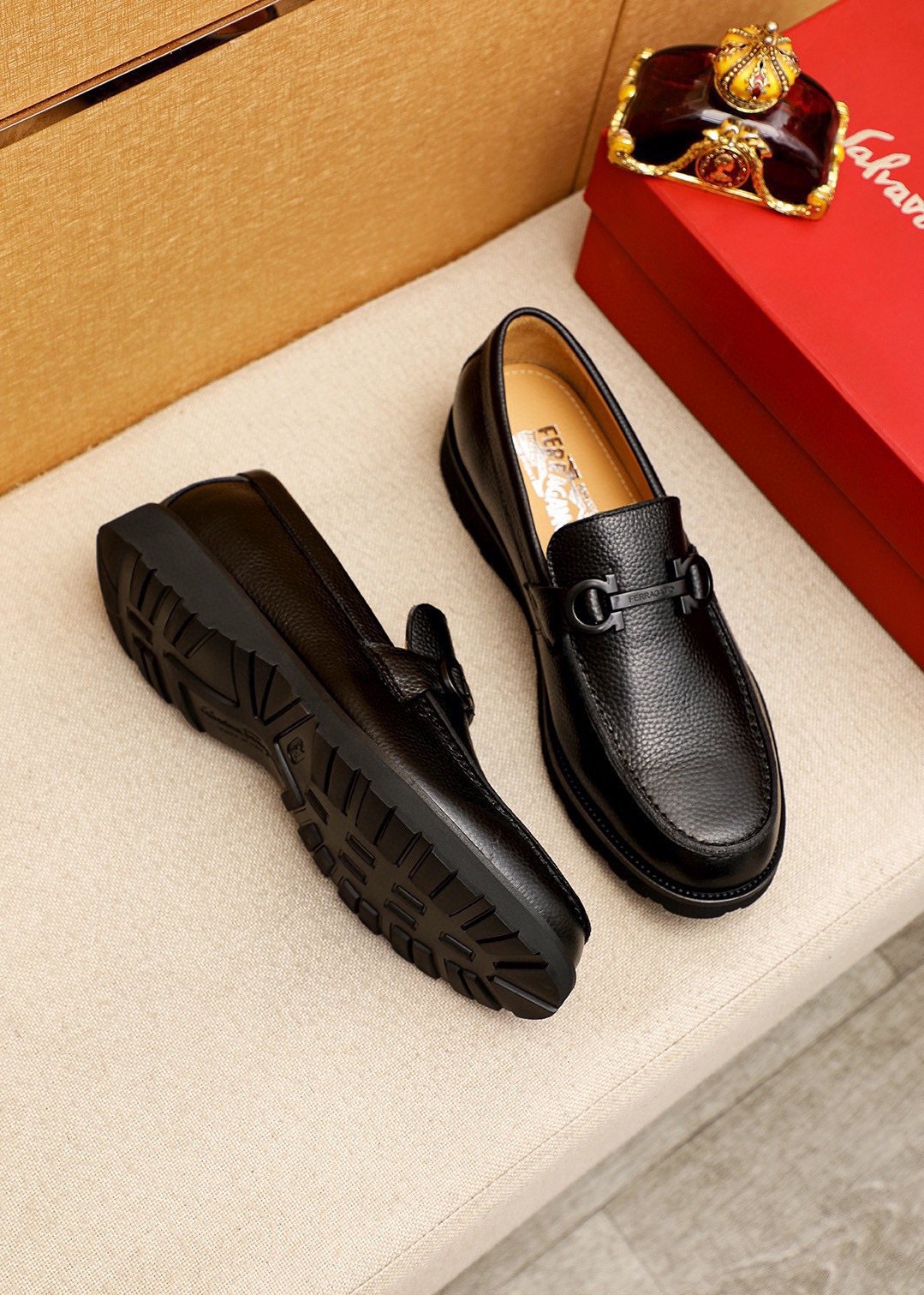Ferragamo Black Textured Leather Slip-On Loafers — front