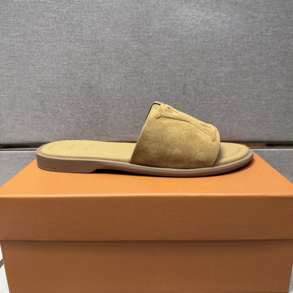 Louis Vuitton Tan Monogram Slide Sandals — side