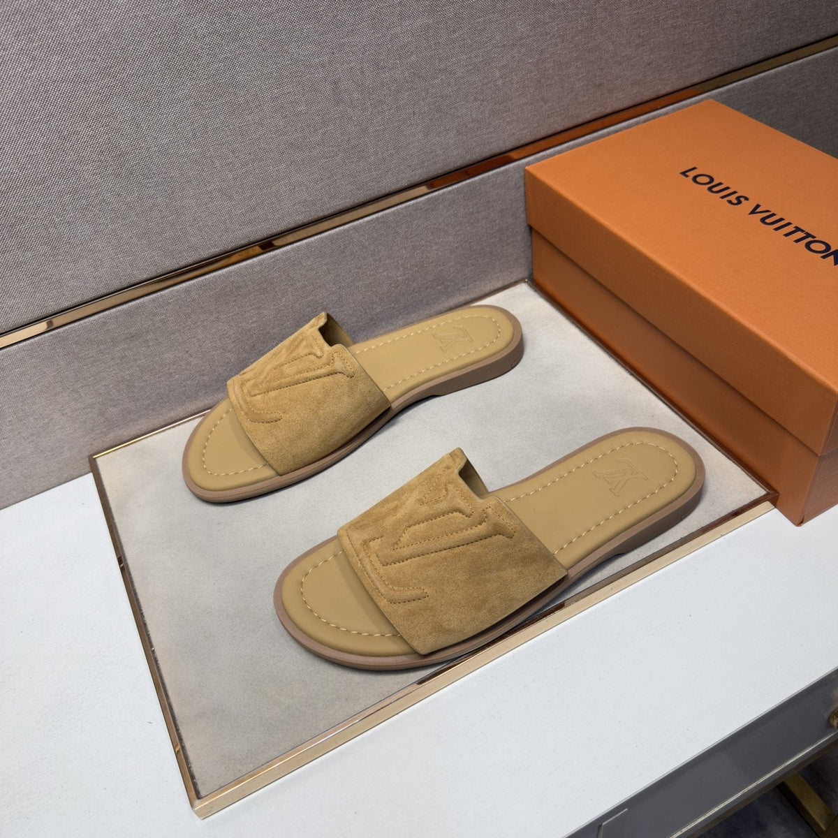 Louis Vuitton Tan Monogram Slide Sandals — front