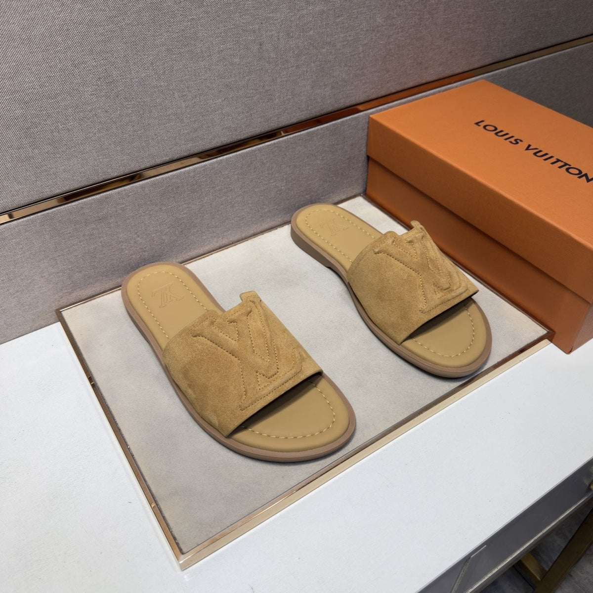 Louis Vuitton Tan Monogram Slide Sandals — front