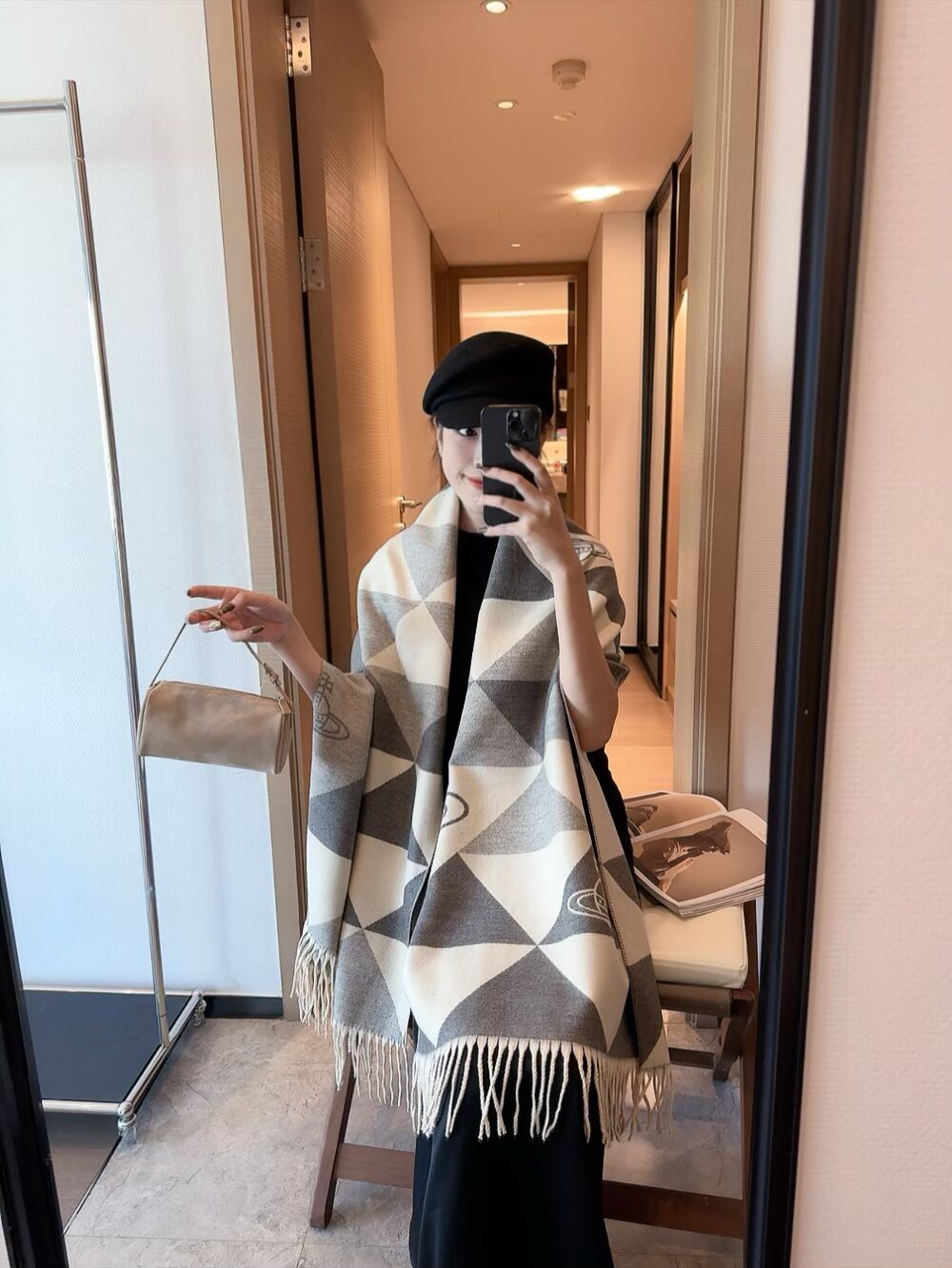 Vivienne Westwood Geometric Orb Fringe Scarf — model