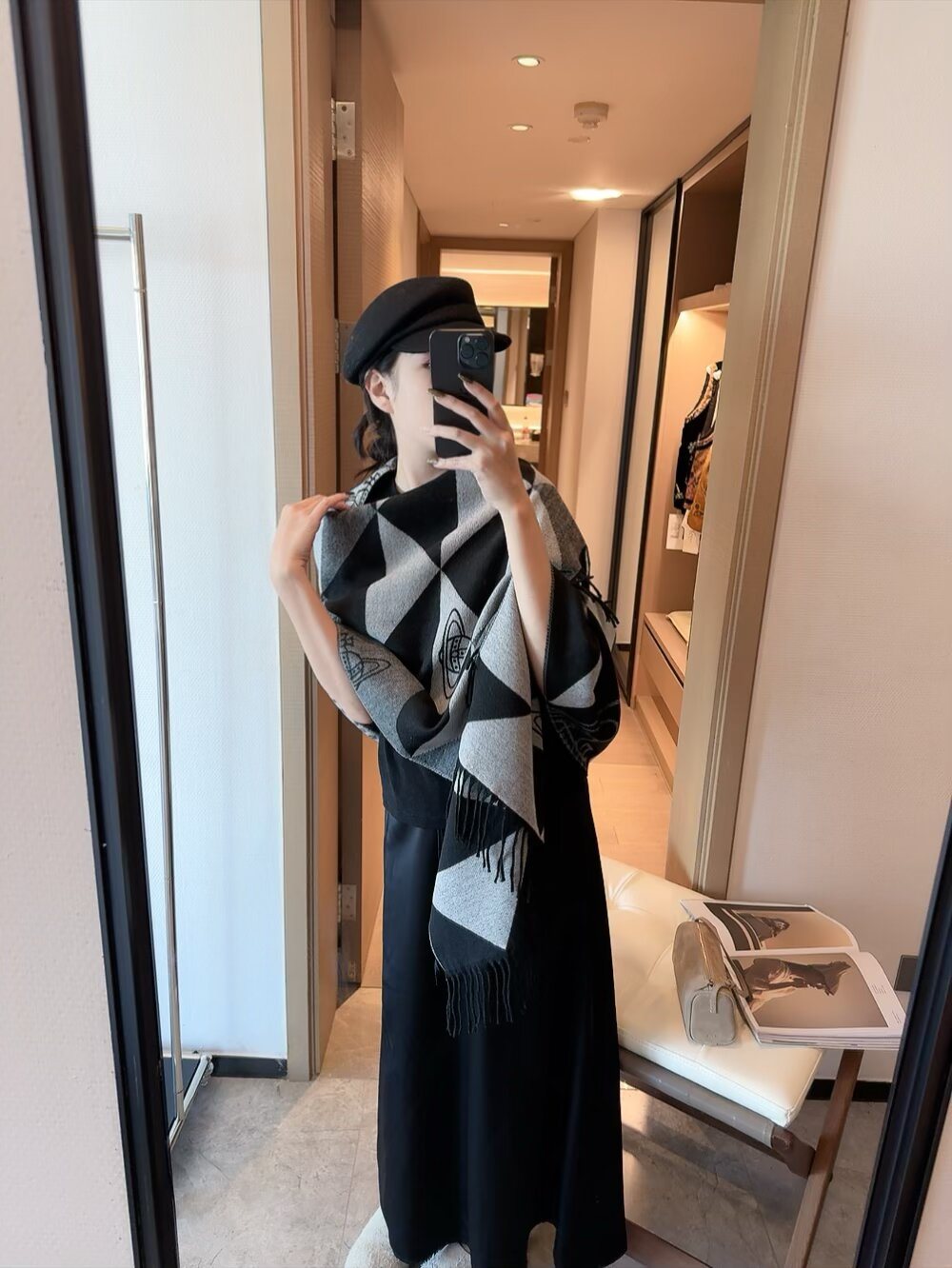 Vivienne Westwood Blush Pink Geometric Scarf — model