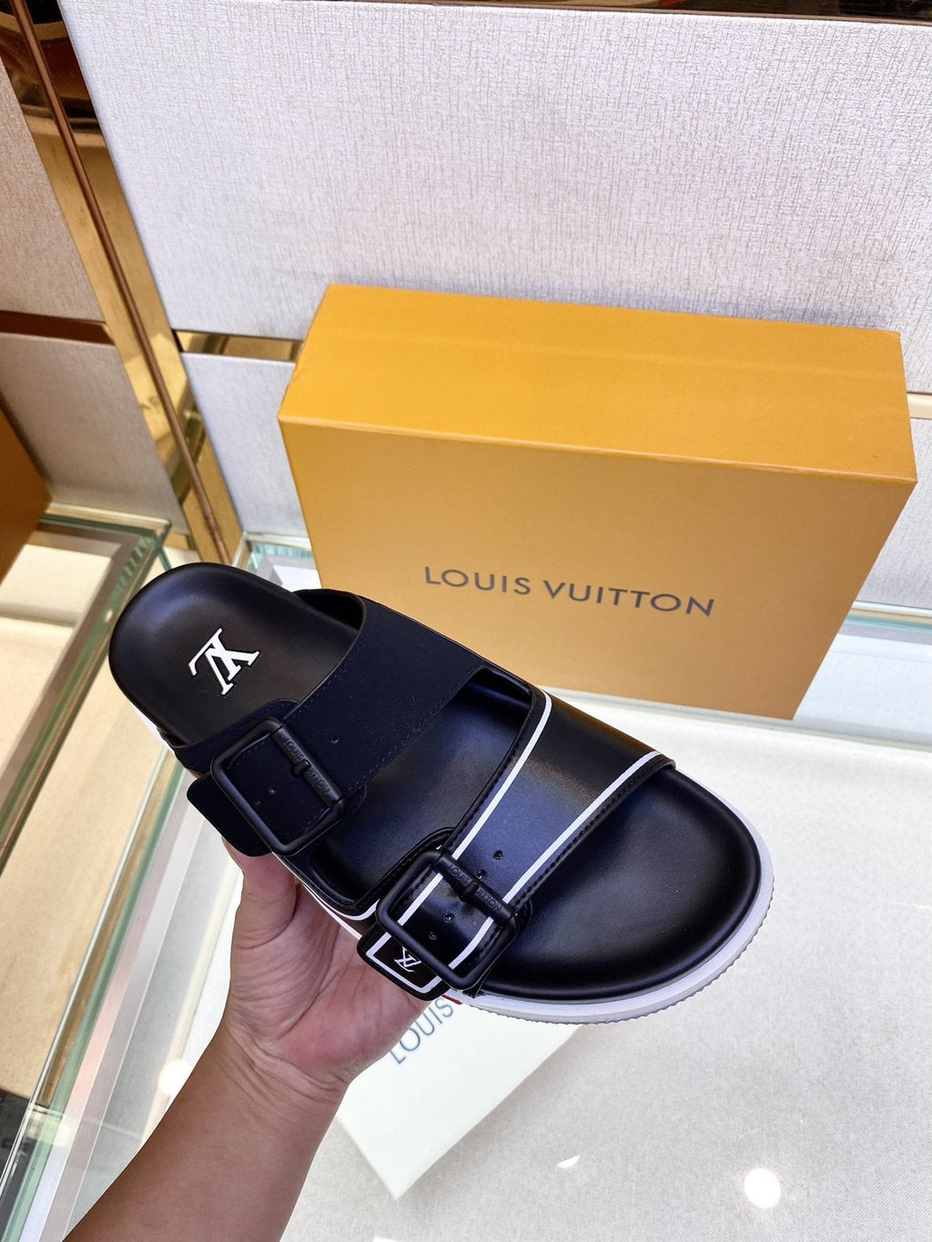 Louis Vuitton Black Two-Strap Slide Sandals — detail