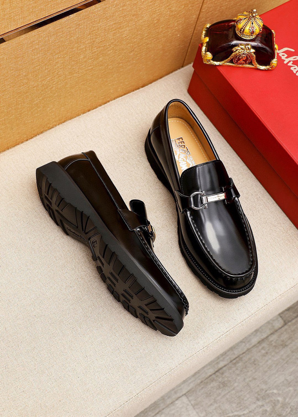 Ferragamo Black Bit Loafers — front