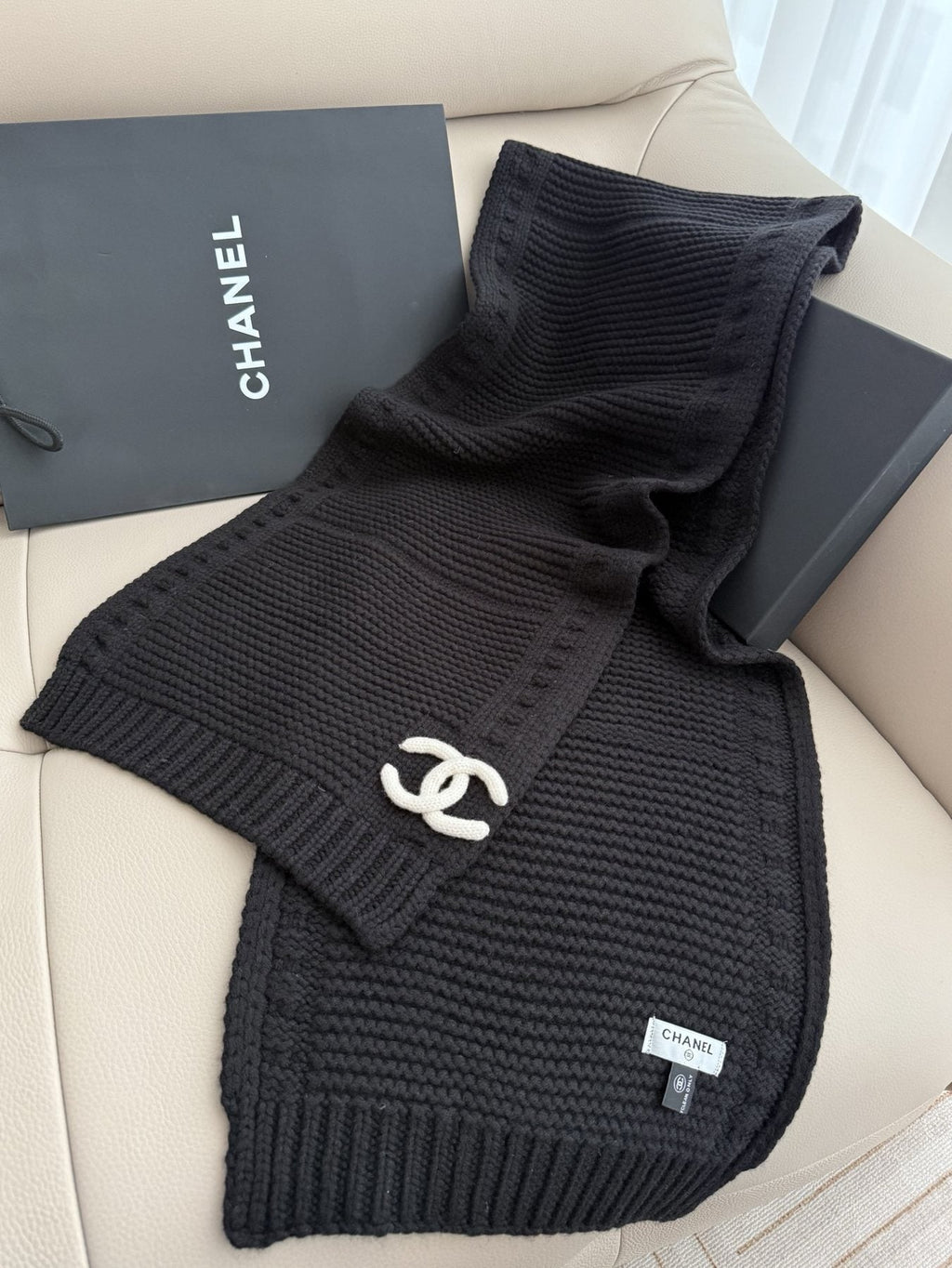 Chanel Black Rib-Knit Logo Scarf — front