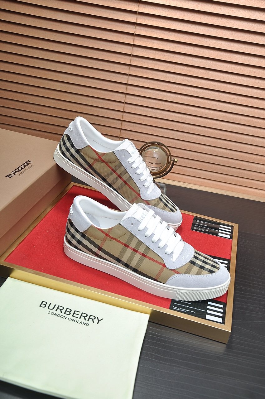 Burberry White and Beige Plaid Low-Top Sneakers — side