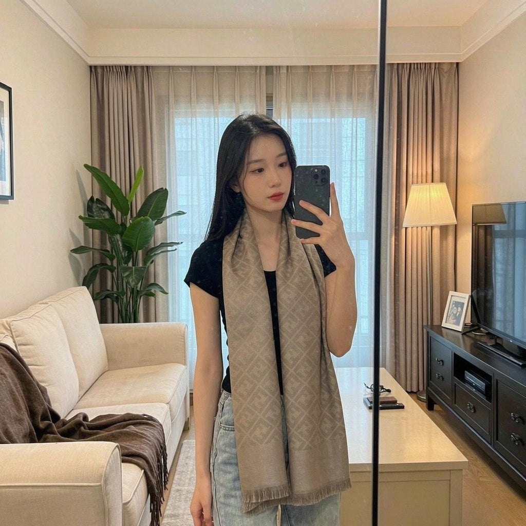 Taupe Patterned Fringed Scarf — model