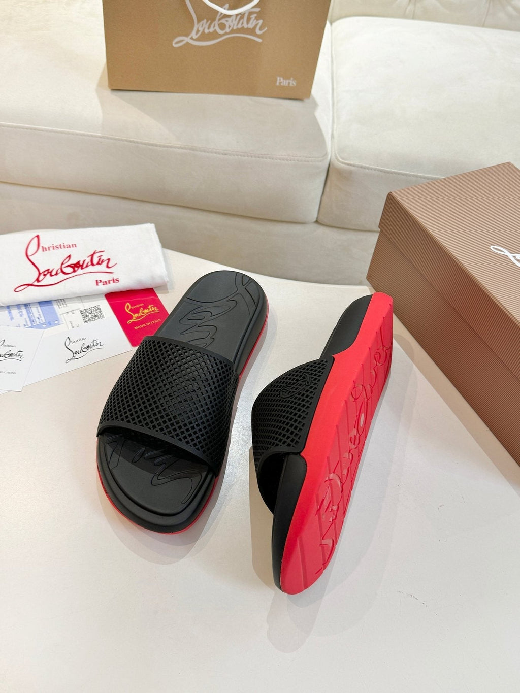 Christian Louboutin Black Red Sole Slide Sandals — side