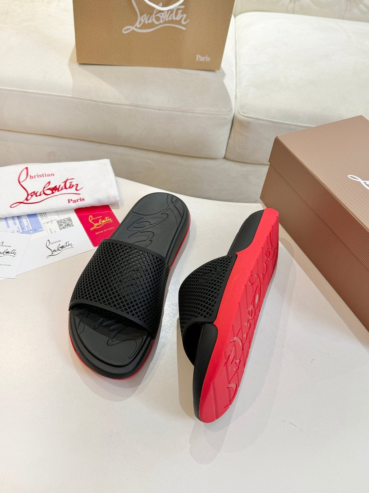 Christian Louboutin Black Red Sole Slide Sandals — side