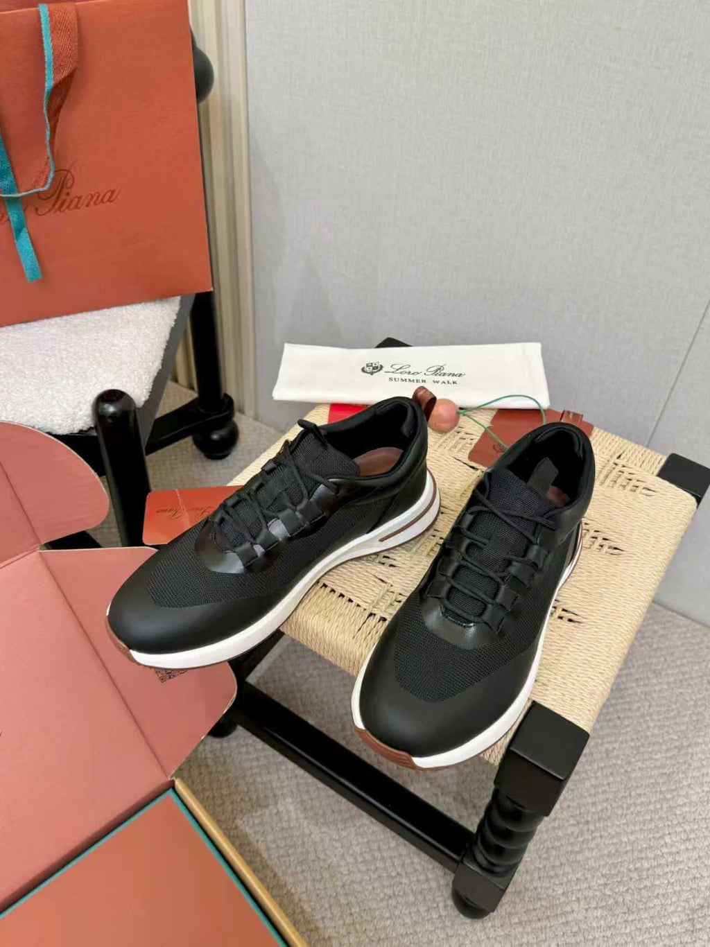 Loro Piana Black Leather Low-Top Sneakers — front