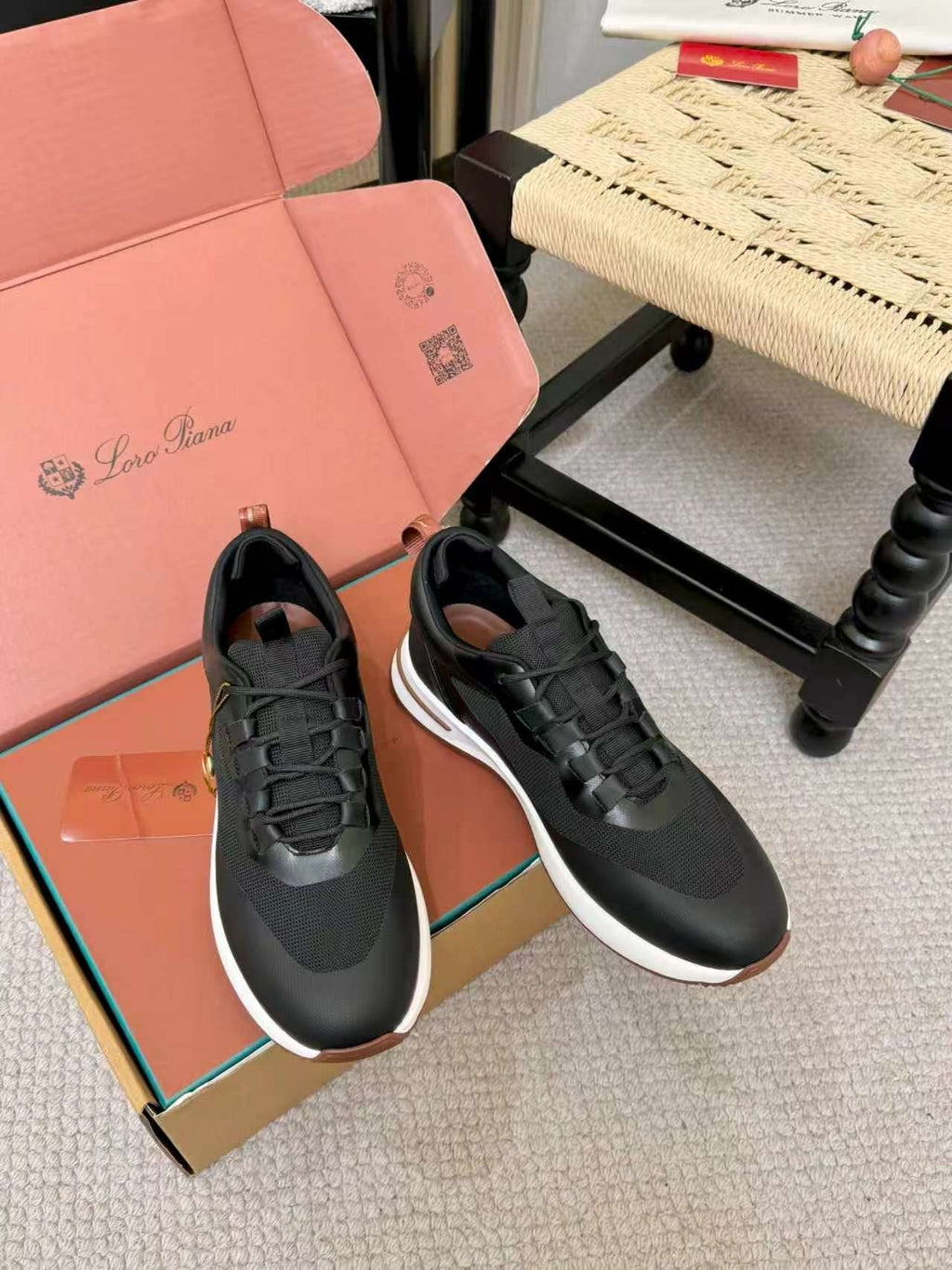 Loro Piana Black Leather Low-Top Sneakers — front