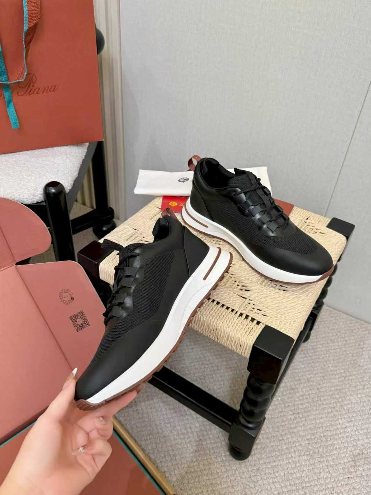 Loro Piana Black Leather Low-Top Sneakers — front