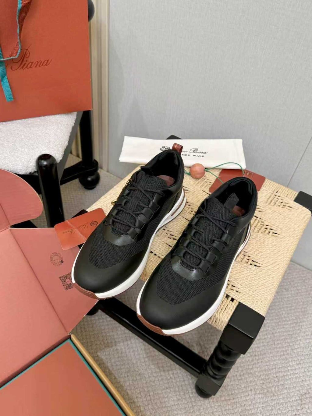 Loro Piana Black Leather Low-Top Sneakers — front