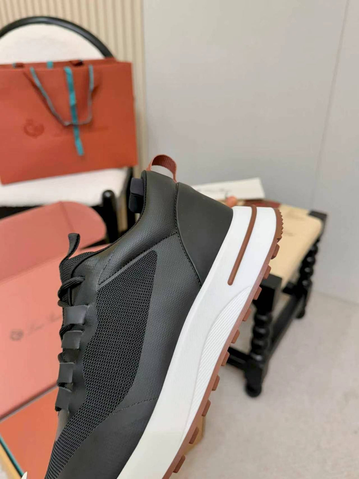 Loro Piana Black Leather Low-Top Sneakers — detail