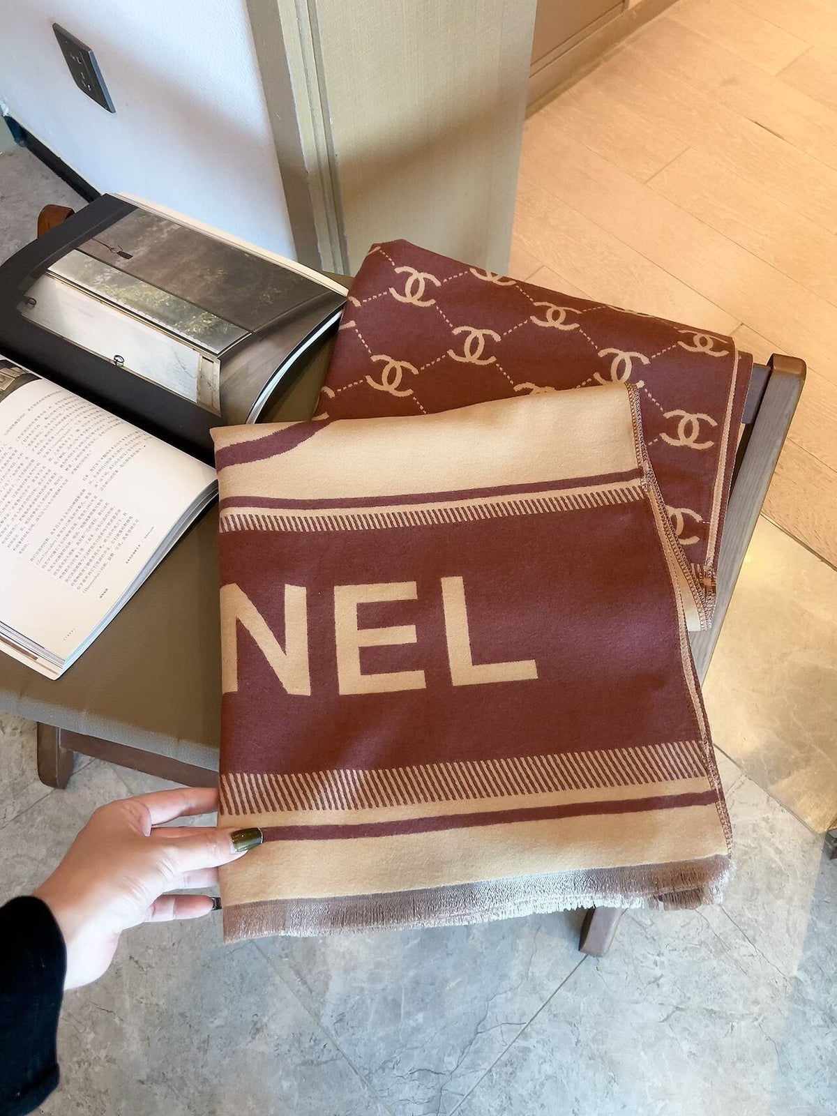 Chanel Burgundy Beige Motif Scarf — front