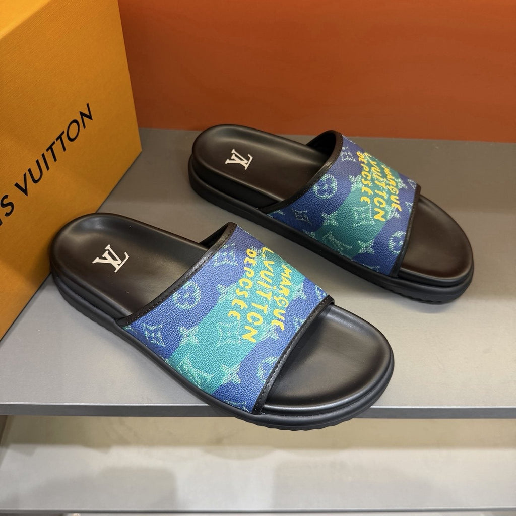 Louis Vuitton Blue & Green Printed Slide Sandals — front