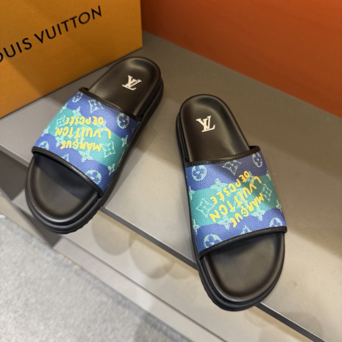 Louis Vuitton Blue & Green Printed Slide Sandals — front