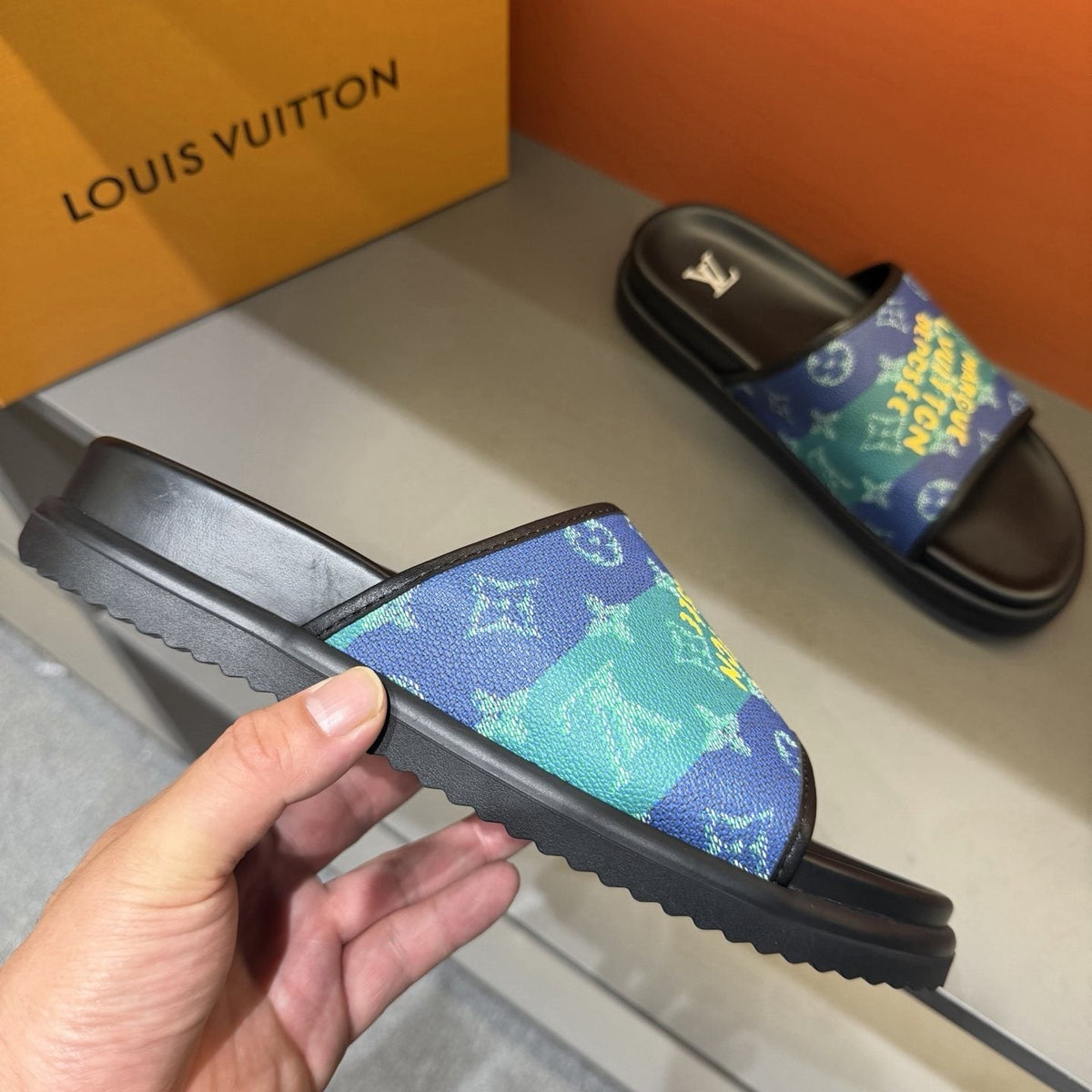 Louis Vuitton Blue & Green Printed Slide Sandals — side