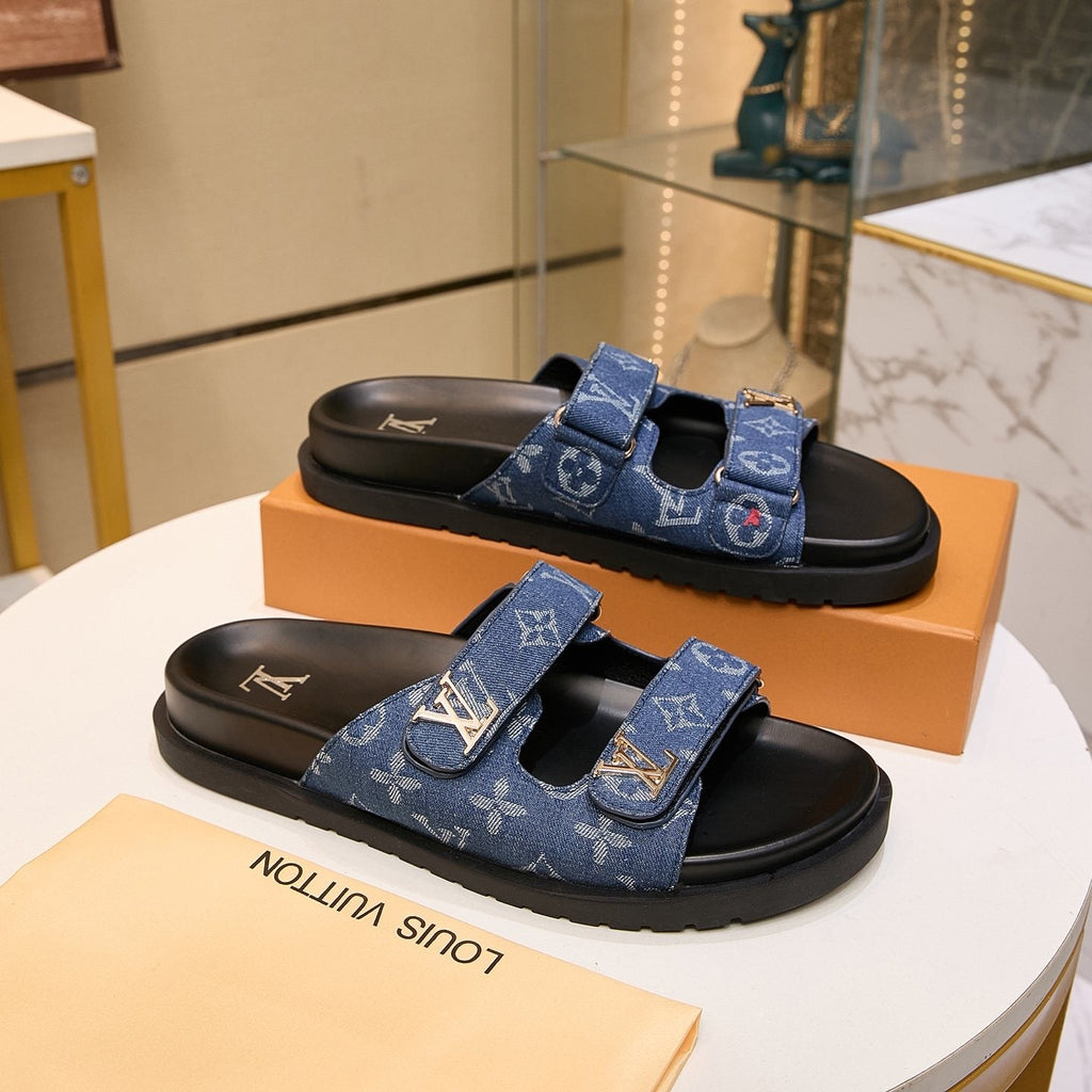 Louis Vuitton Blue Monogram Slide Sandals — side