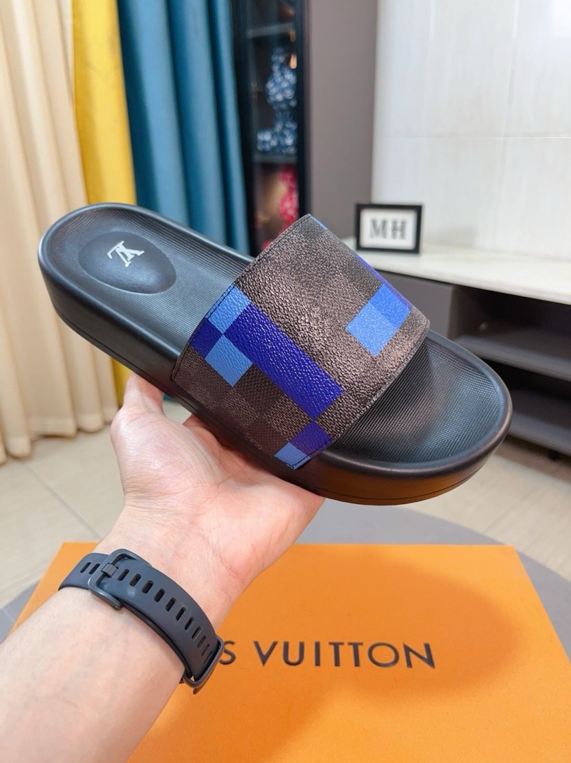 Louis Vuitton Brown and Blue Check Slide Sandals — model