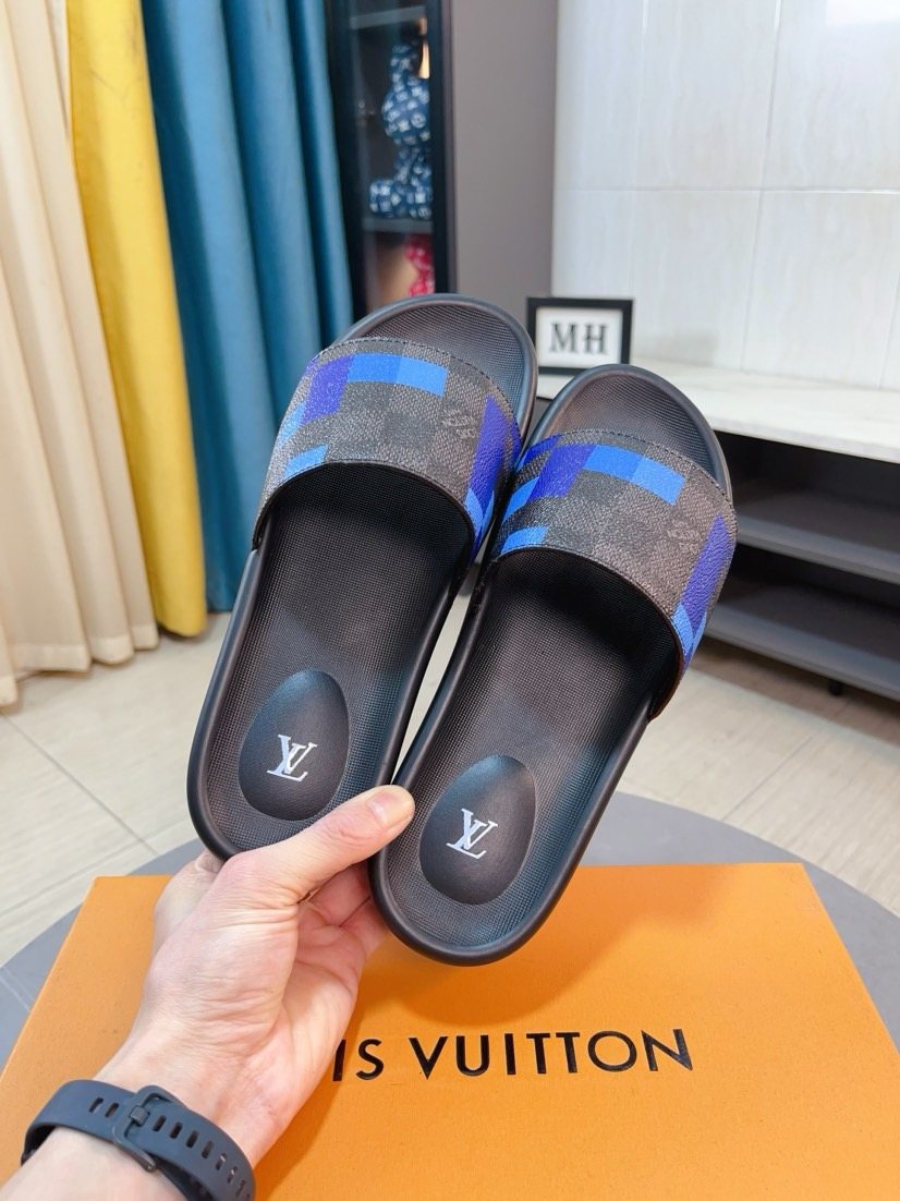Louis Vuitton Brown and Blue Check Slide Sandals — front