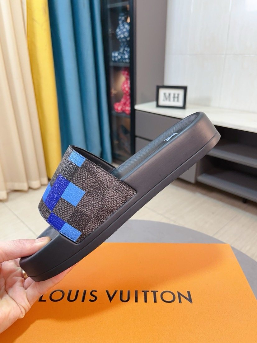 Louis Vuitton Brown and Blue Check Slide Sandals — side