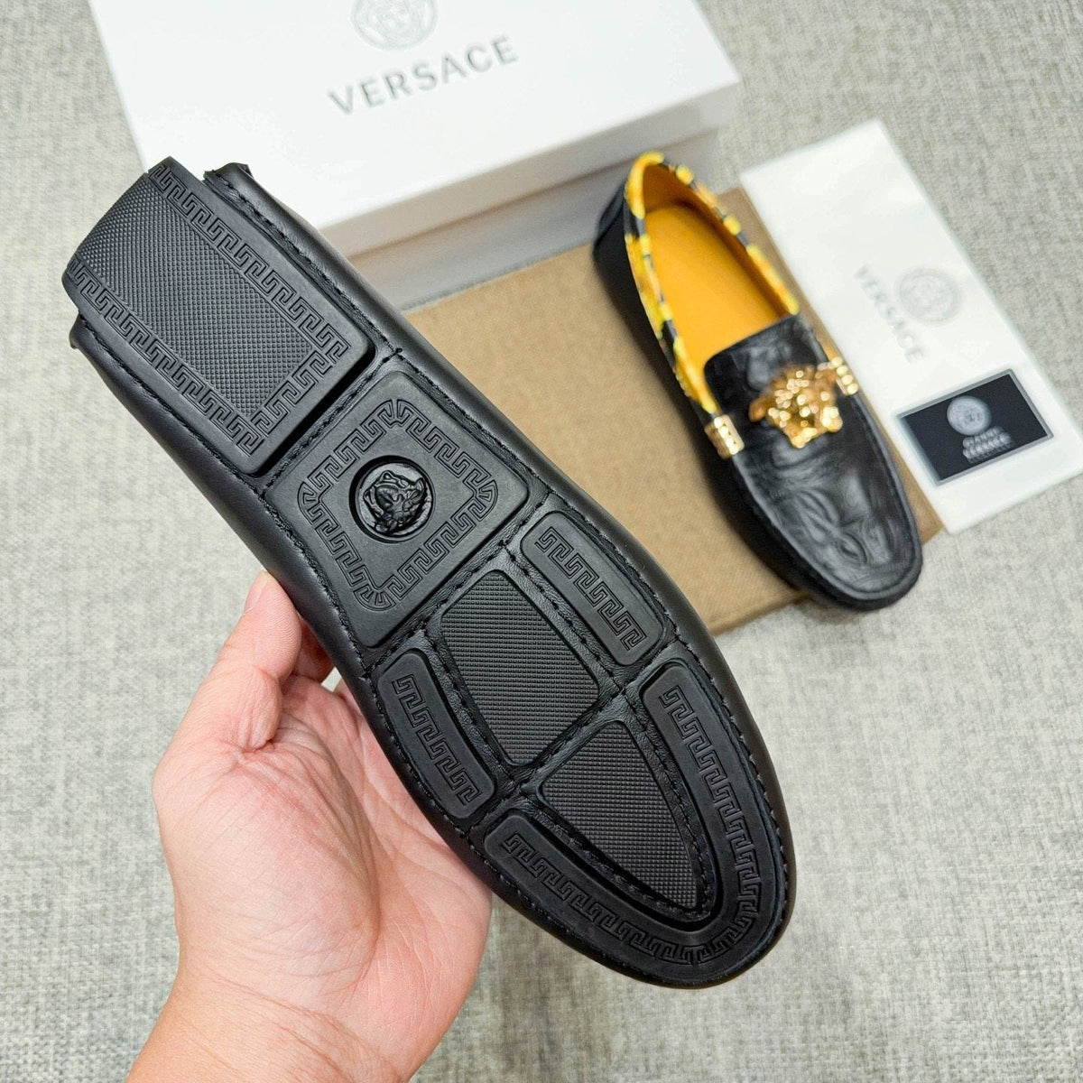 Versace Black Gold Hardware Loafers — side