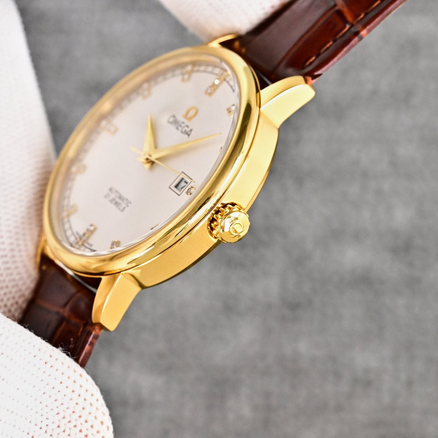 Omega Gold Brown White Dial Strap Watch — side