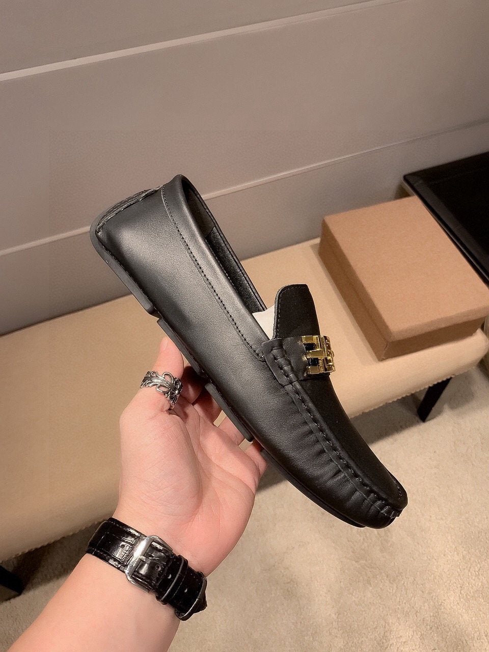 Versace Black Gold-Hardware Loafers — side
