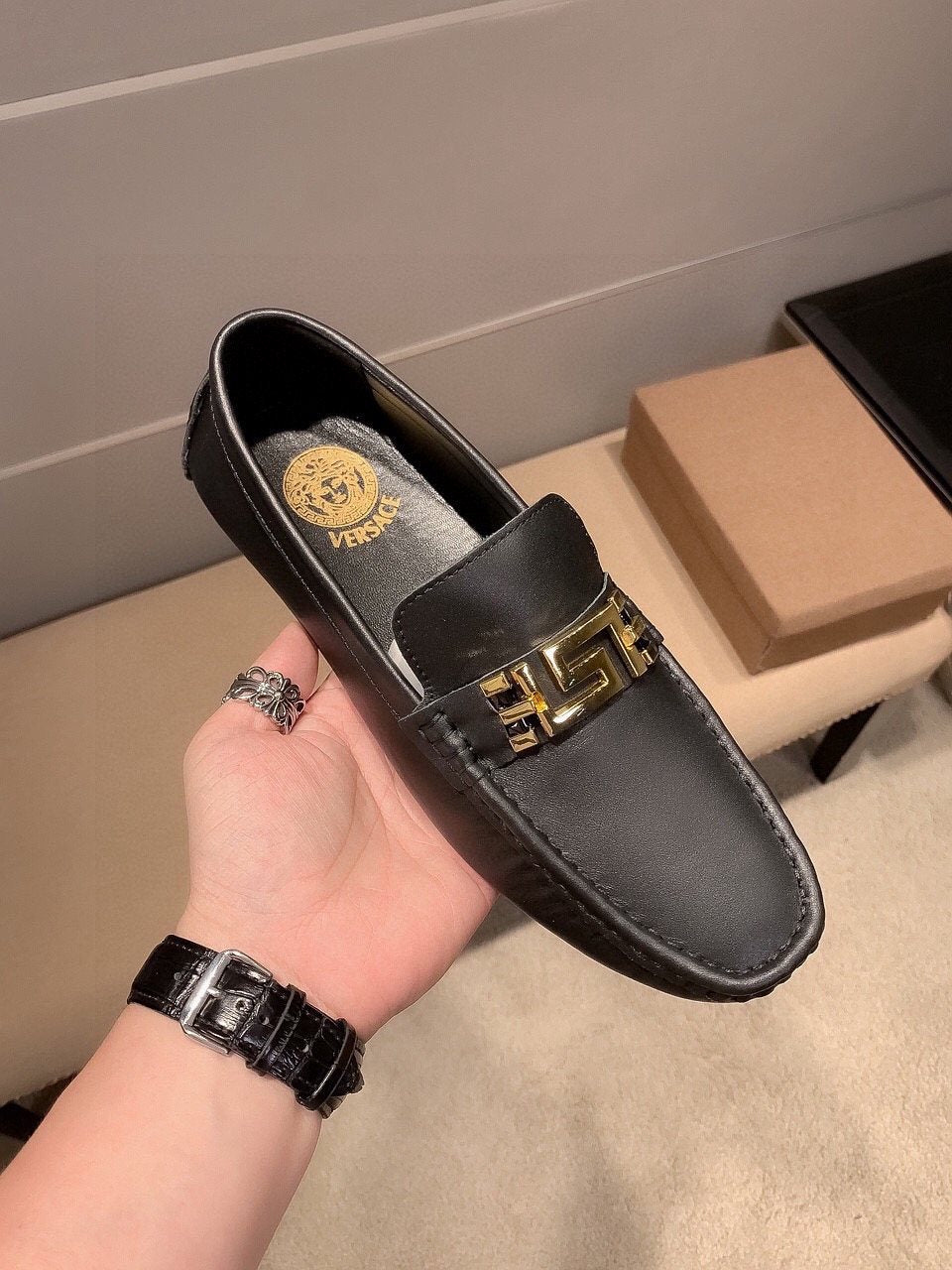 Versace Black Gold-Hardware Loafers — model