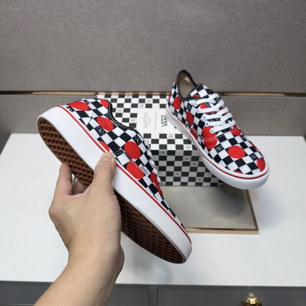 Vans Checkerboard Red Accent Sneakers — detail