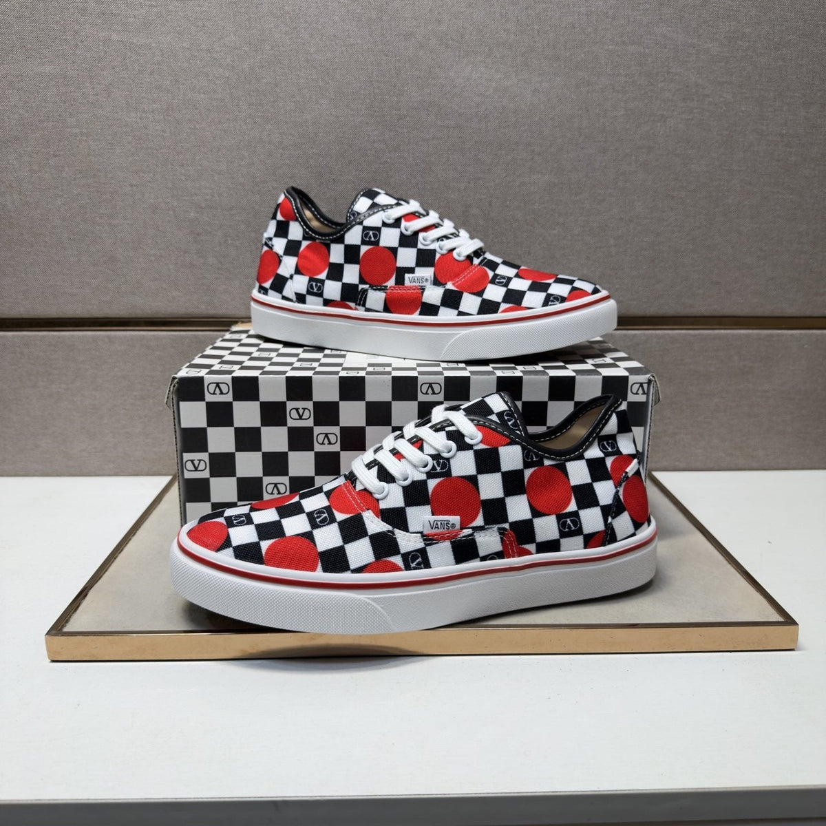 Vans Checkerboard Red Accent Sneakers — front