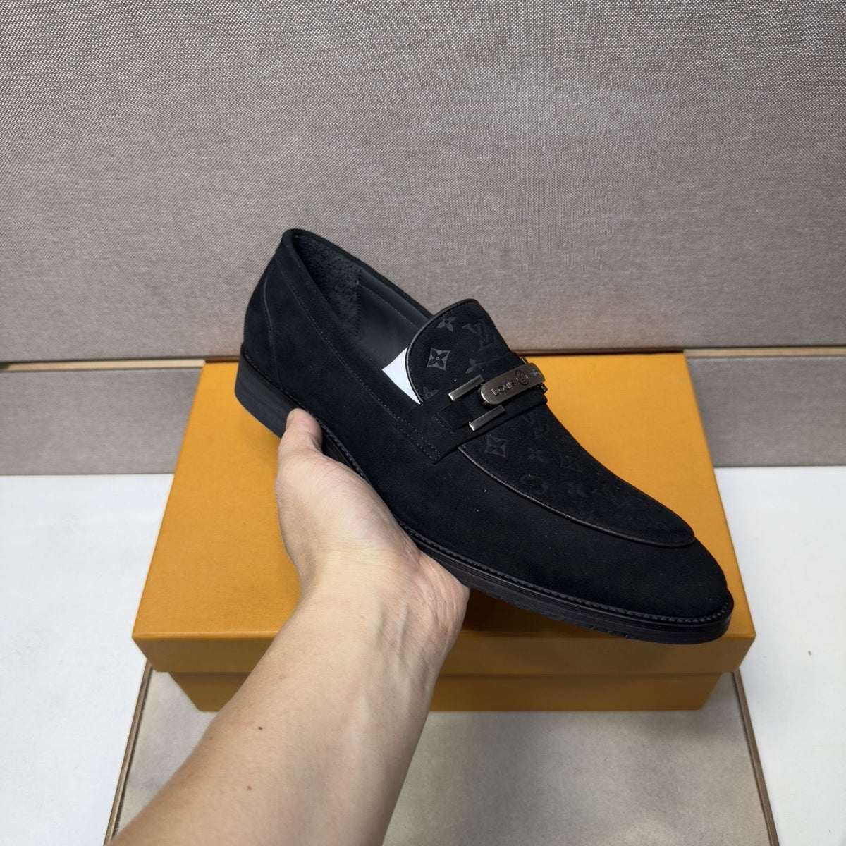 Louis Vuitton Black Monogram Bar Loafers — model