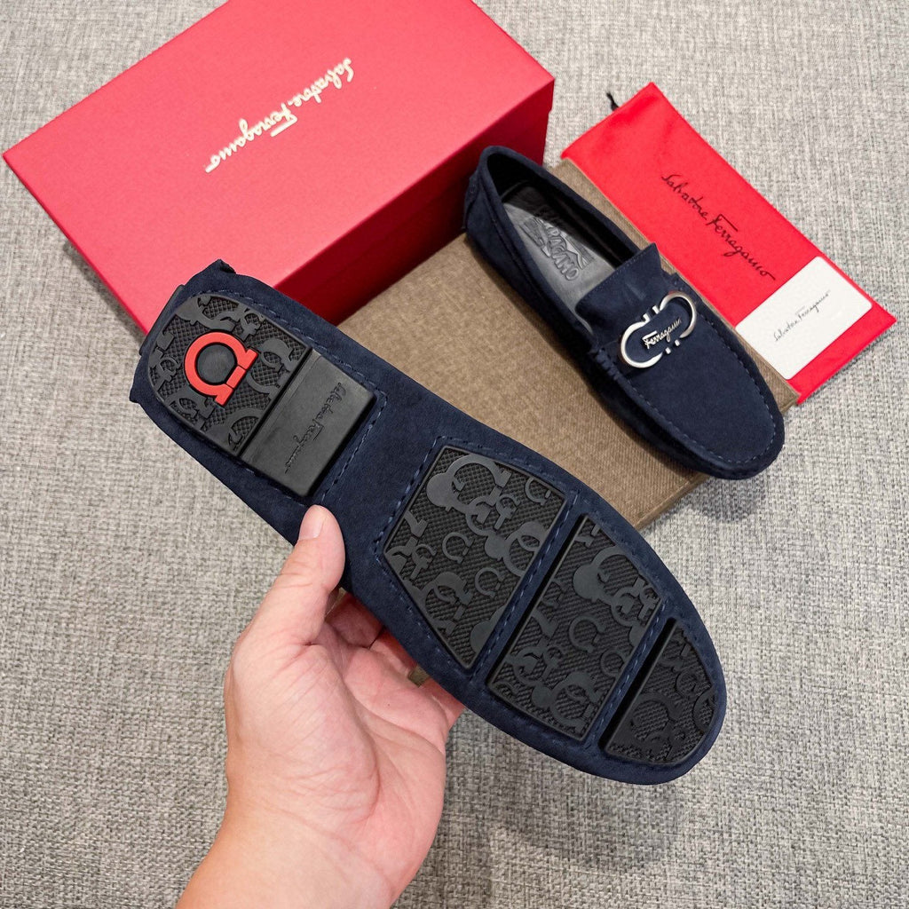 Salvatore Ferragamo Navy Suede Bit Loafers — detail