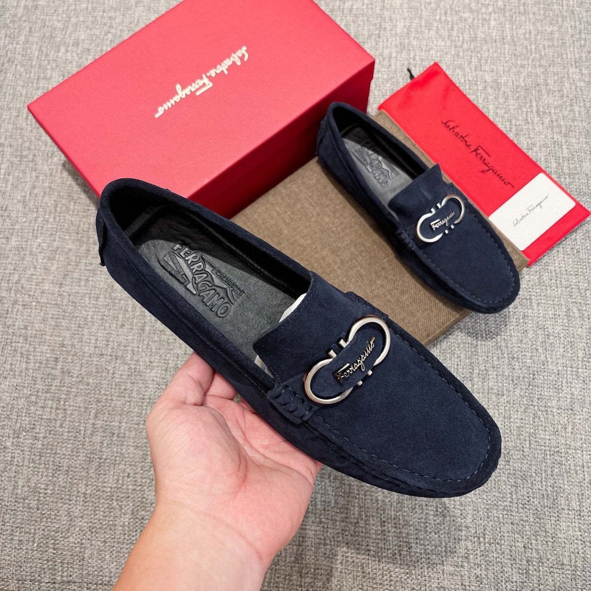 Salvatore Ferragamo Navy Suede Bit Loafers — model