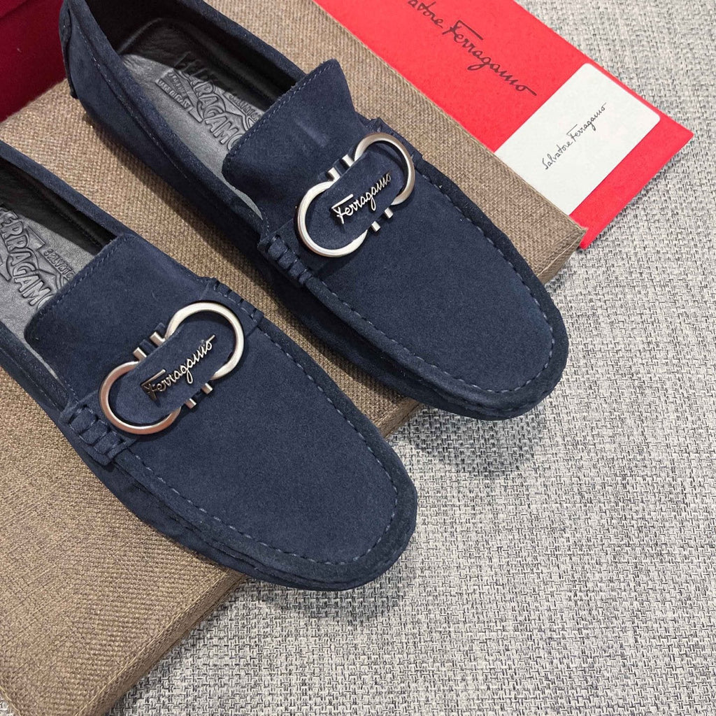 Salvatore Ferragamo Navy Suede Bit Loafers — side