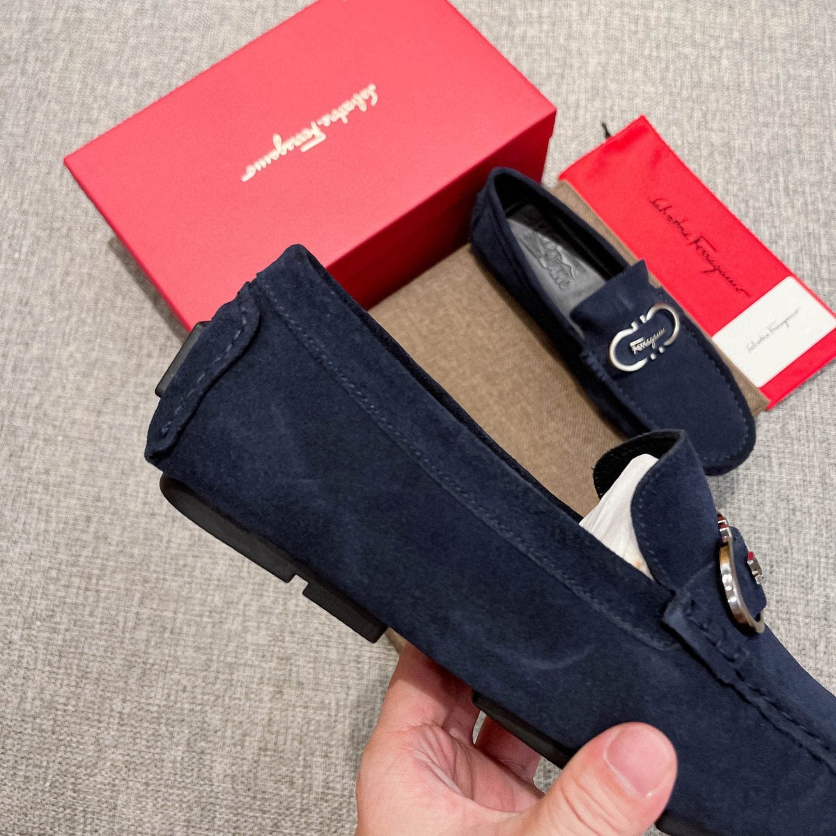 Salvatore Ferragamo Navy Suede Bit Loafers — side