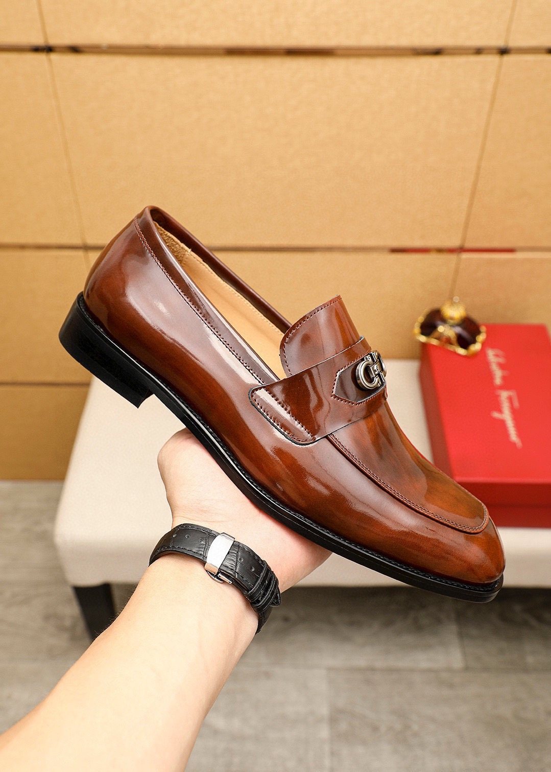 Ferragamo Brown Leather Metal-Detail Loafers — side