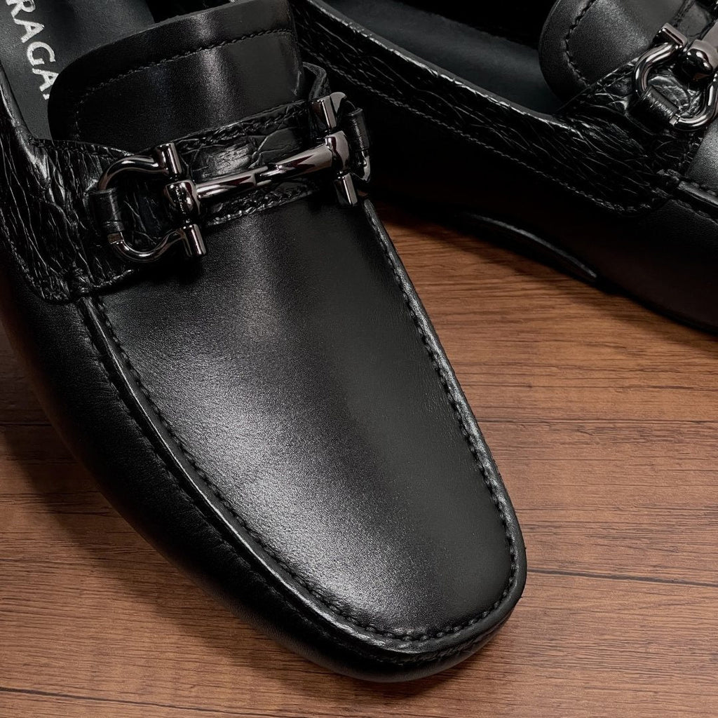 FERRAGAMO Black Horsebit Driving Loafers — detail