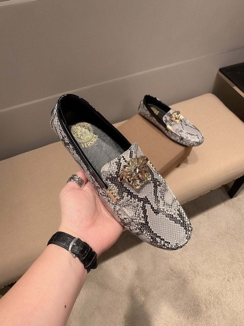 Versace Gray Snakeskin Slip-On Loafers — model