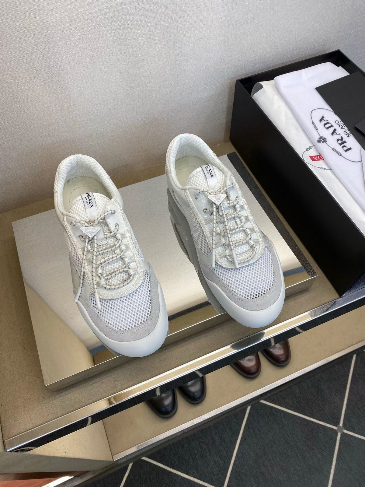 Prada White Mesh Panel Sneakers — front