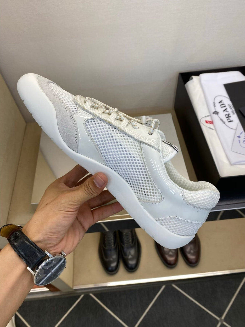 Prada White Mesh Panel Sneakers — side