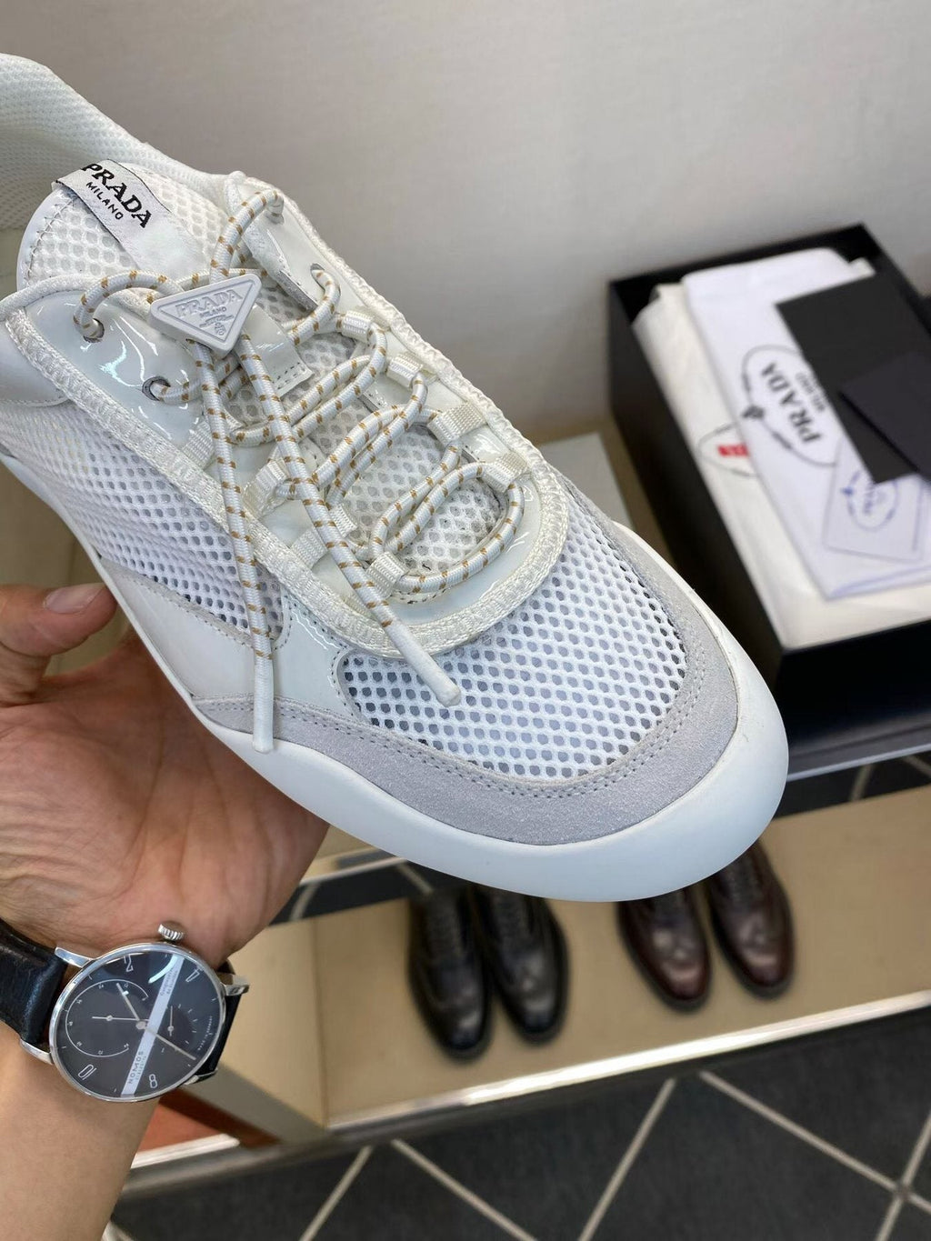 Prada White Mesh Panel Sneakers — detail