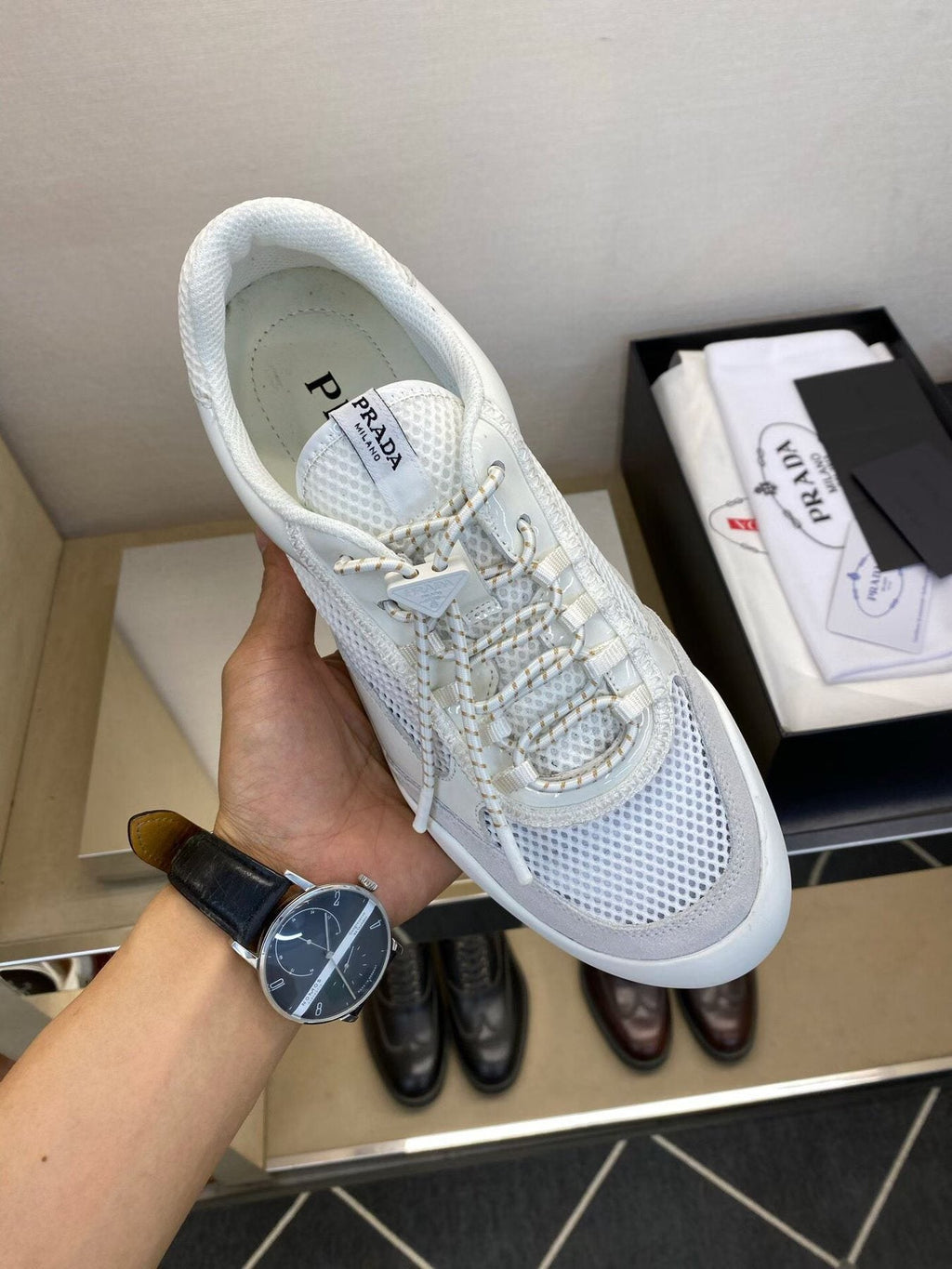 Prada White Mesh Panel Sneakers — front