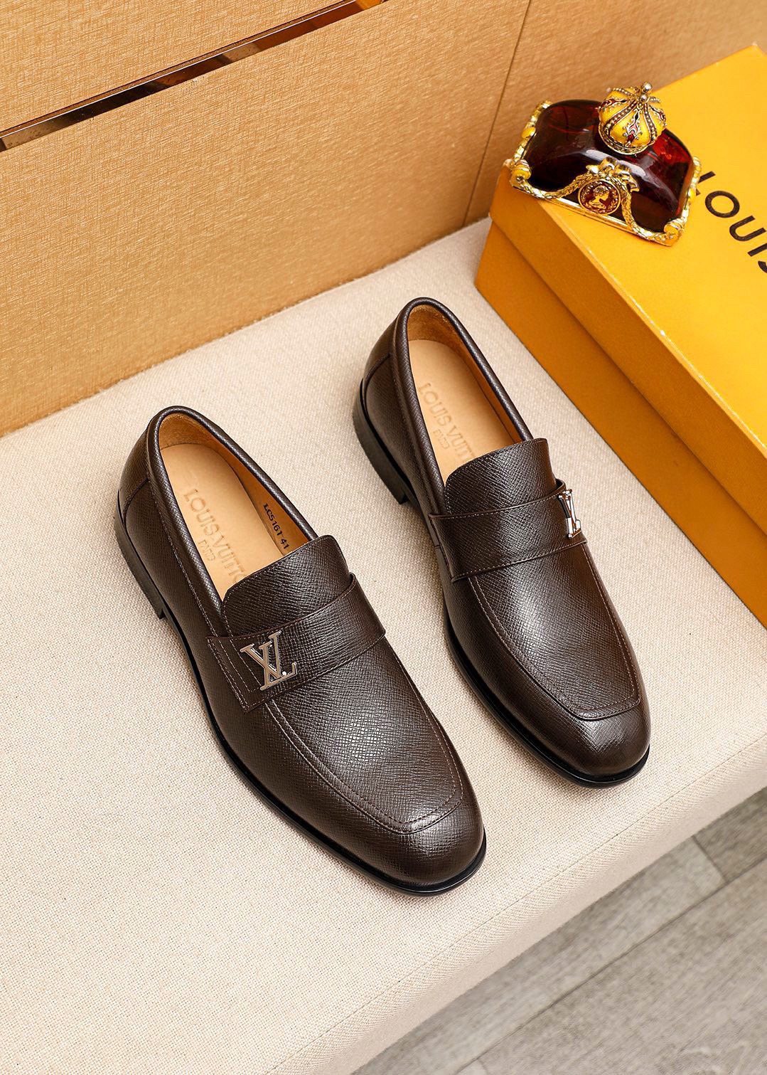 Louis Vuitton Dark Brown Textured Loafers — hero