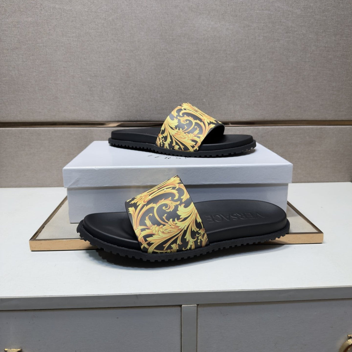 Versace Gold Patterned Strap Slide Sandals — detail